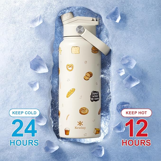 32 oz Insulated Water Bottle, 2-in-1 Lid, Straw & Spout with Protected, Leak Proof, Keep Cold, Stainless Steel, Metal, Reusable, Handle, for Travel, Gym and School, Bake Beige