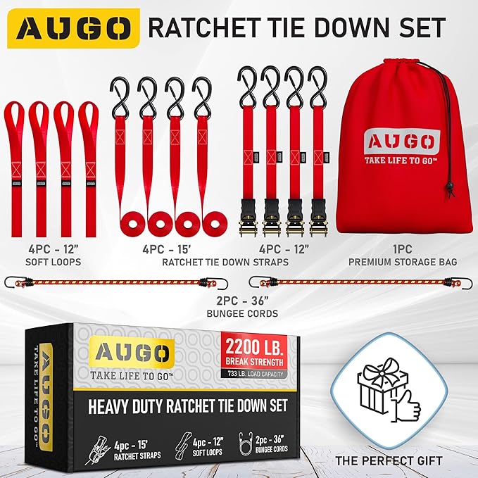 AUGO Ratchet Straps Heavy Duty 4 Pack -15 FT - 2200 LB Break Strength – with Safety Lock S Hooks - Cargo Straps for Moving, Appliances, Motorcycle – Soft Loop Tie Downs