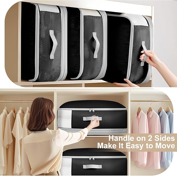 Comforter Storage Bag - 130L Large Capacity Blanket Storage Bags 4-Layer Ultra Space Saving Self Compression Organizer, Washable Compression Bags for Storage Comforter Blanket, 4-Pack, Black