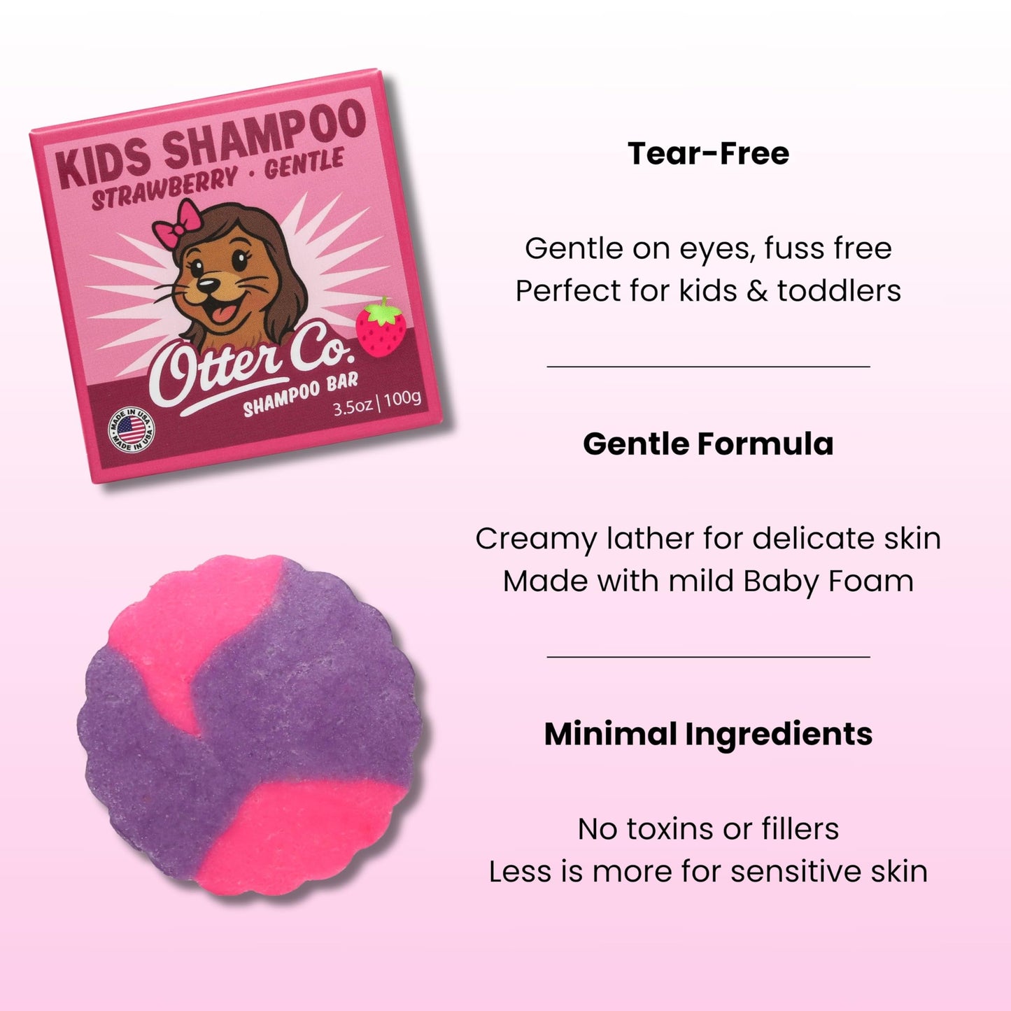 Otter co. Kids Gentle Strawberry Shampoo Bar – Tear Free Toddler Shampoo – Sulfate Free & Non Toxic – Made with Organic Ingredients – Vegan, Cruelty Free, Natural & Hydrating for All Hair, USA Made