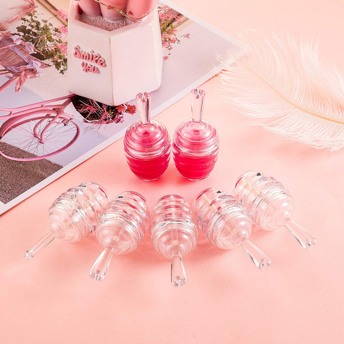 18 Pieces Empty Lip Gloss Tubes Honey Pots Shaped Plastic Gloss Container Mini Clear Refillable Lip Balm Bottle Container with 2 Pieces Plastic Funnels for Women DIY Cosmetics, 6 ml