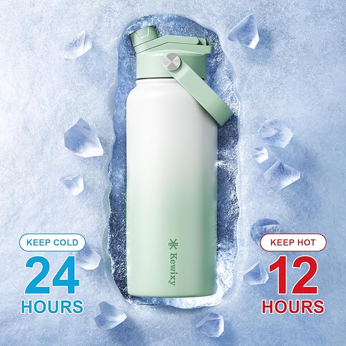 32 oz Insulated Water Bottle, 2-in-1 Lid, Straw & Spout with Protected, Leak Proof, Keep Cold, Stainless Steel, Metal, Reusable, Handle, for Outdoor, Gym and School, 2 Lids, Iced Mint