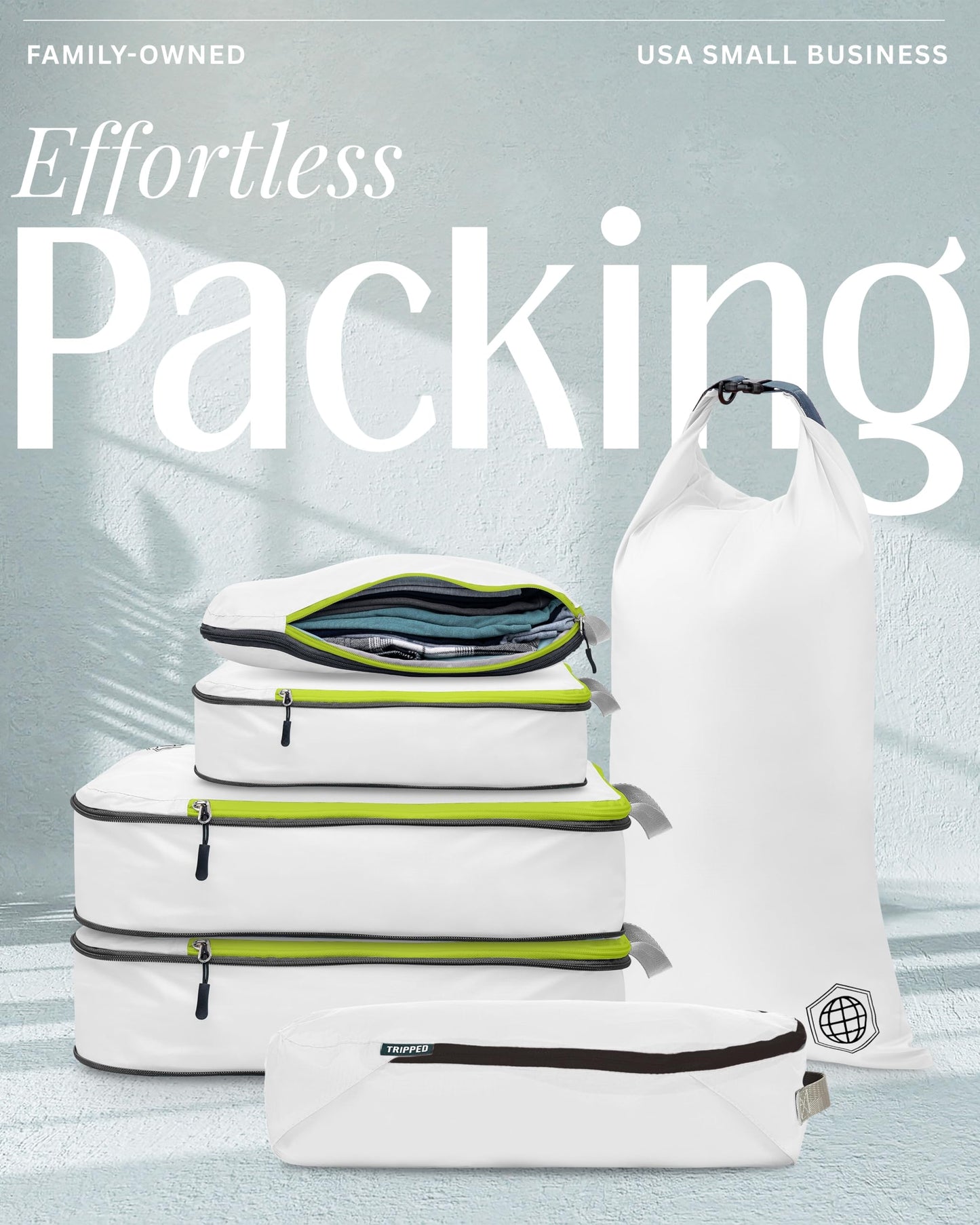 Compression Packing Cubes 6 Piece Set for Travel - Lightweight, Durable Clothes Organizer for Carry-On Luggage and Backpacks by TRIPPED Travel Gear (White and Green)
