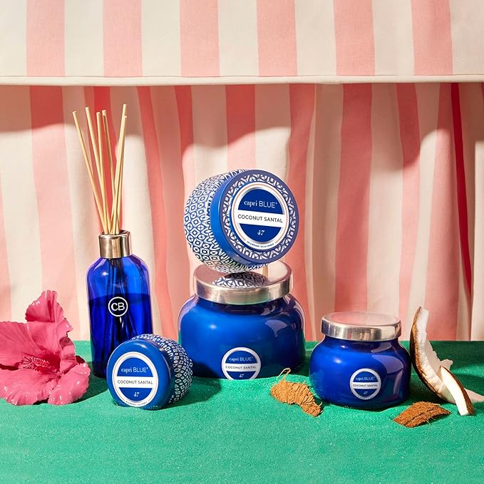 Capri Blue Printed Travel Tin Jar Candle - Luxury Candle with a Soy Wax Blend - Blue Candle with Lid - Scented Candles for Home with Notes of Hibiscus, Lime, Coconut & Amber (Coconut Santal, 8.5 oz)