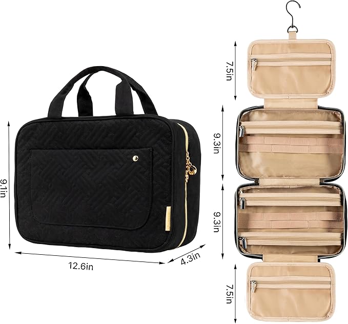 Carrywell |Not Made In China| Hanging Toiletry Travel Bag For Women, Makeup Organizer Case, Water-Resistant Cosmetic Bag For Full-size Containers, Toiletries (Black, Large)
