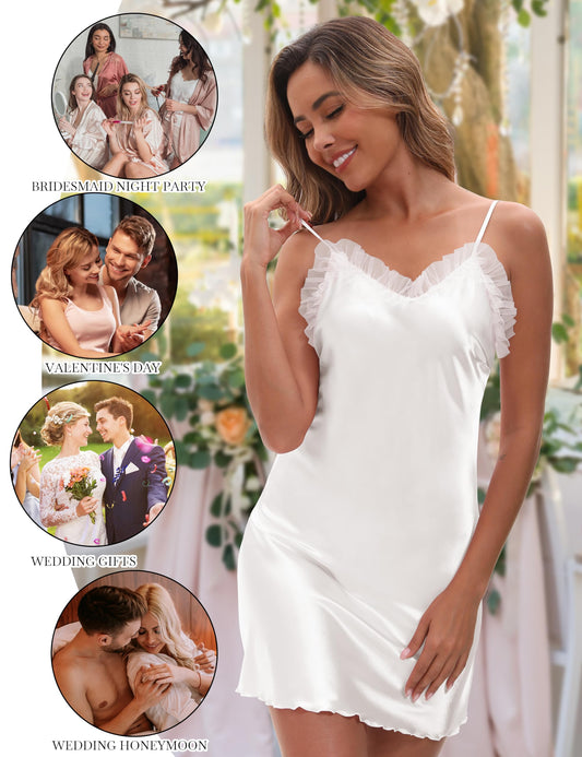 EPLAZA Bride Robe for Wedding Day Set Bridal Robes Satin Robe with Sexy Silk Lingerie for Bachelorette Party Getting Ready (White, M)