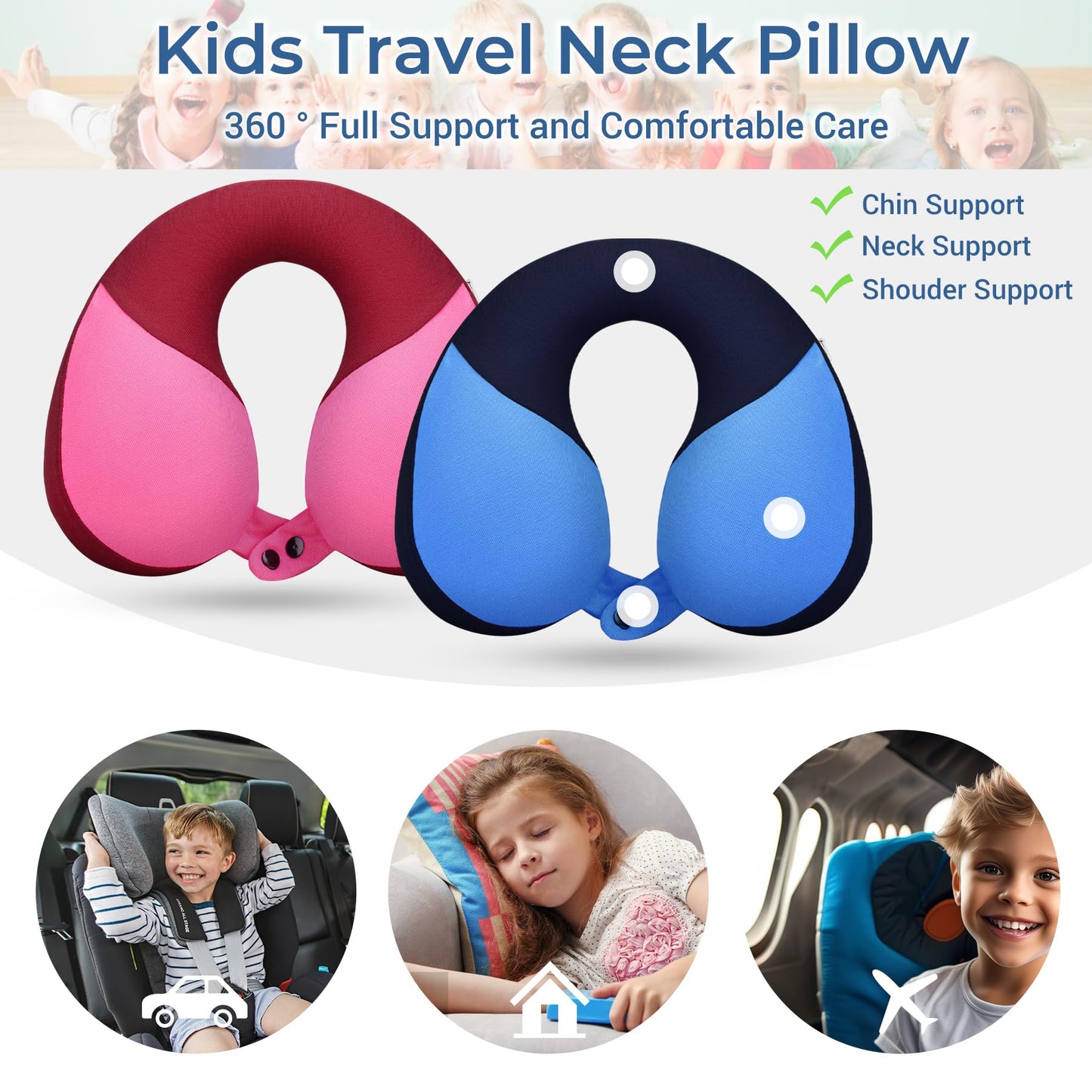 COOLBEBE Kids Travel Neck Pillow 2PCS Softly Double Support Neck Pillow for Car & Airplane, Traveling Gifts for Toddler & Children(Blue & Pink)