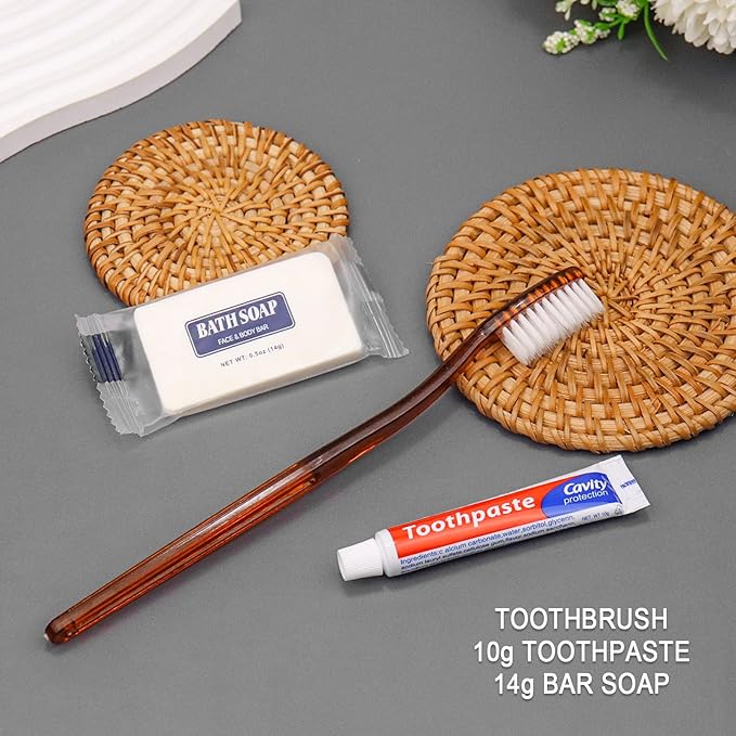 30 Pack Disposable Toothbrushes with Toothpaste and Soap Individually Wrapped, 30 pcs Toothbrushes (2 Colors) with 30 pcs Bar Soap(0.5 oz)