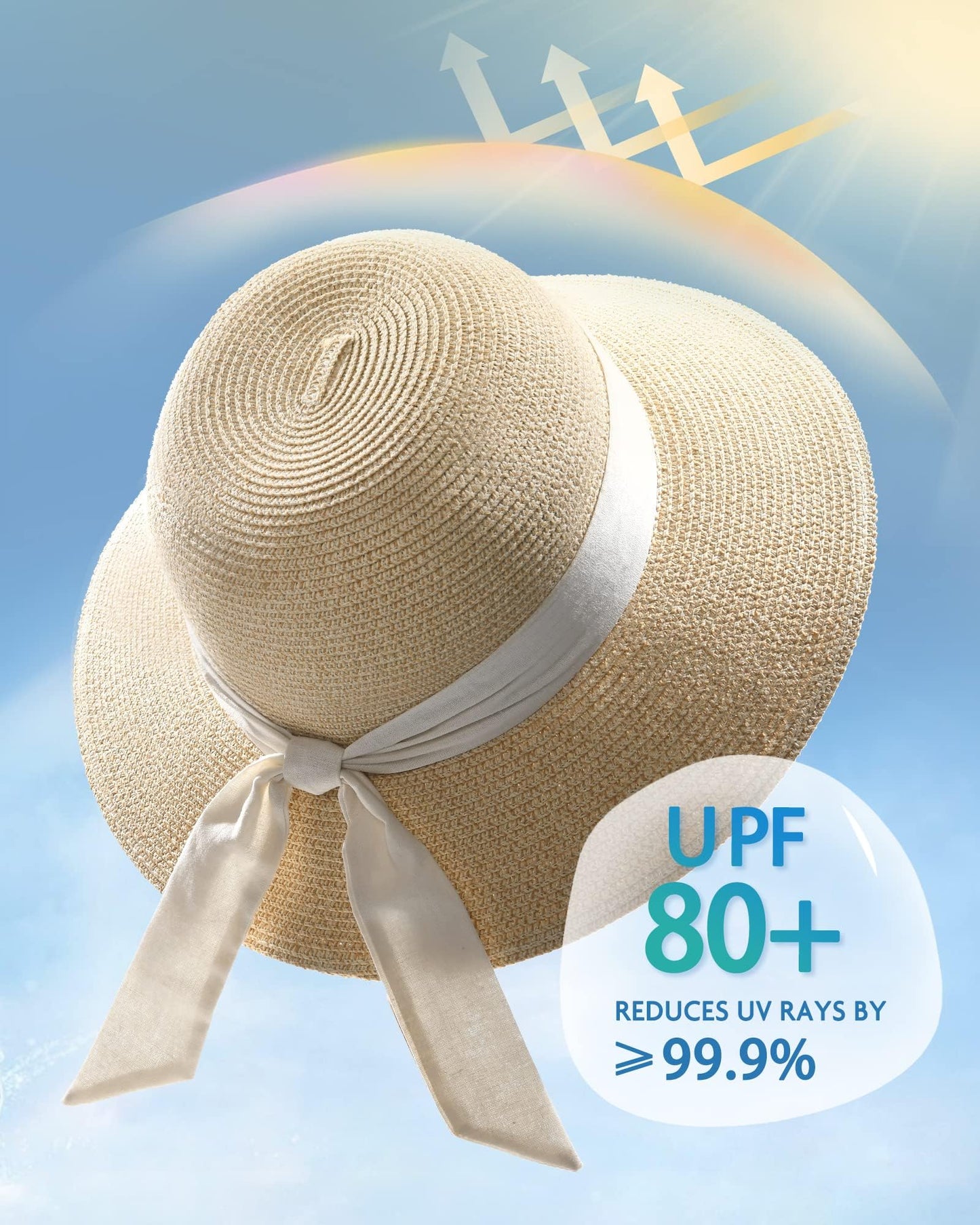 FURTALK Womens Beach Sun Straw Hat UV UPF 80+ Travel Foldable Brim Summer UV Hat