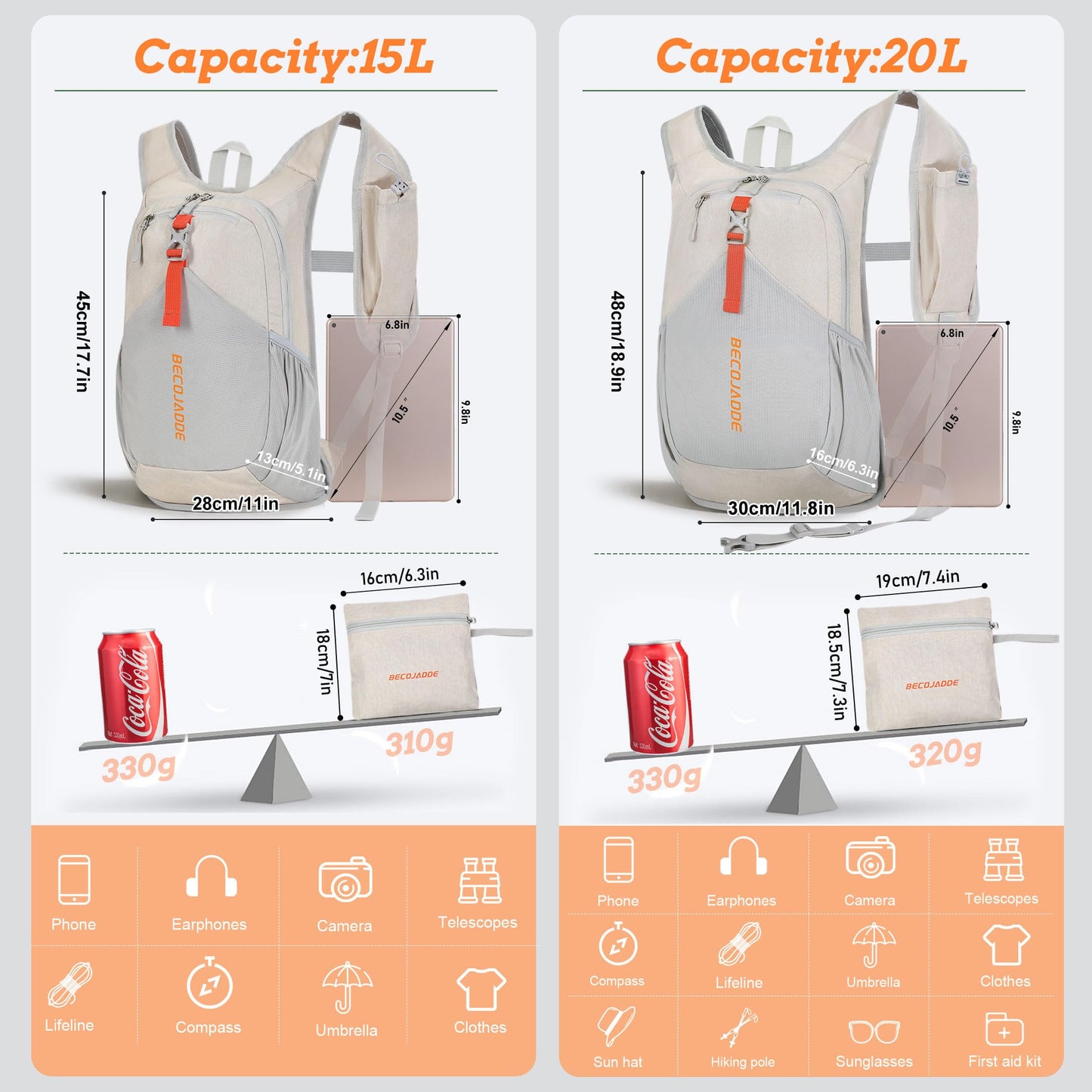 BECOJADDE 15L Small Hiking Backpack for Men Women Foldable Packable Back Pack Ultralight Hiking Daypack for Travel Camping Outdoor, Beige