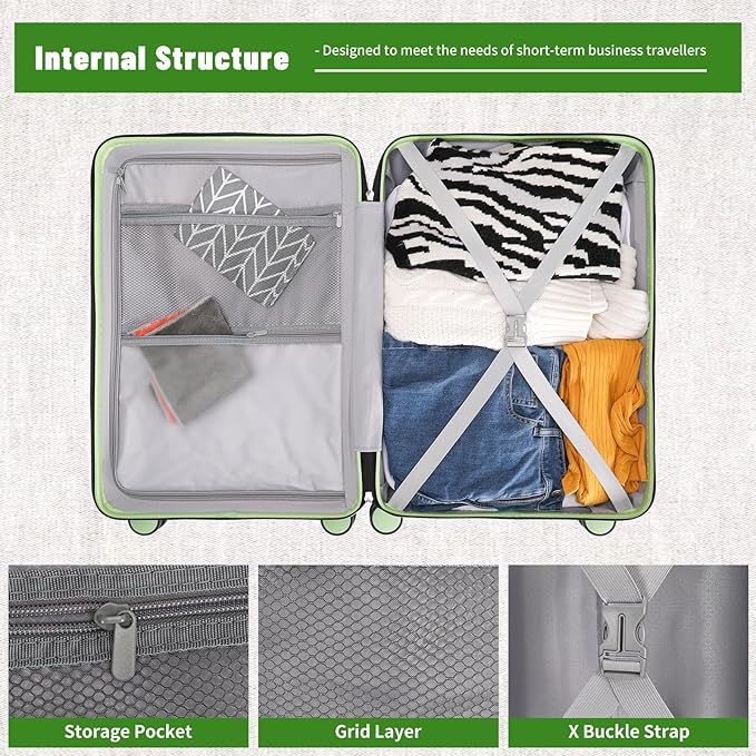 20 inch Carry On Luggage Front Open Pocket Extension Bag, ABS+PC Suitcase with Spinner Wheels TSA Lock & YKK Zipper, 20in/Toiletry Bag/Handbag, Light Avocado Green