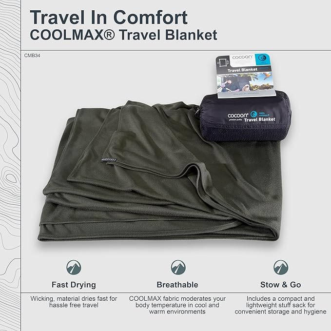 cocoon - Coolmax Travel Blanket | Compact Throw Blanket for Camping and Hiking | Fits in Backpack | Attaches to Luggage | Travel Essential | Fast Drying (Regular 70" x 55")