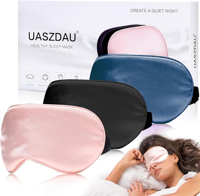 Sleep Mask Silk Eye Mask for Sleeping, Super Soft Blackout Eye Mask for Women Men, Side Sleeper Covers for Sleeping with Adjustable Straps, Travel Sleep Mask, 3 Pack