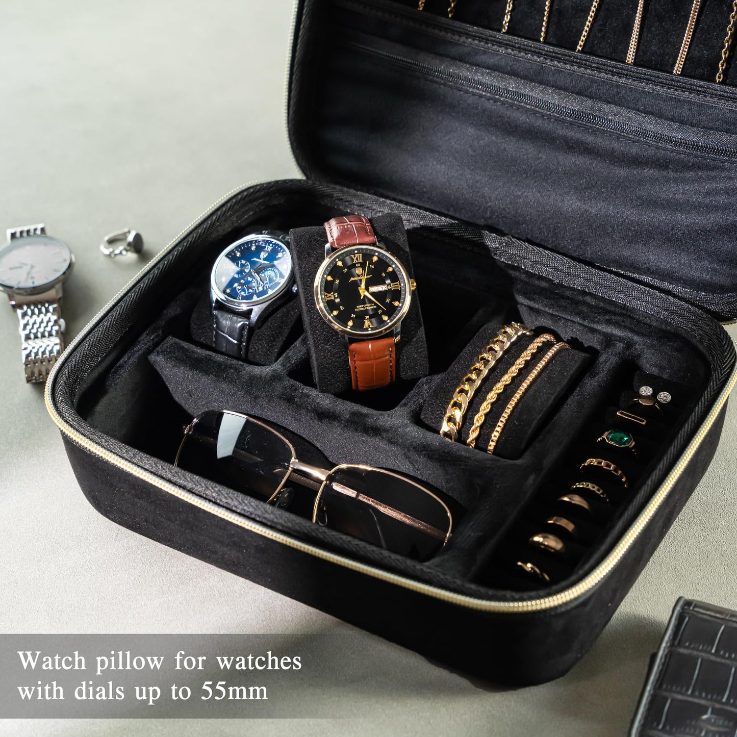 ProCase Mens Extra Large Jewelry Storage Case, 3 Slots Travel Watch Accessories Carrying Box, Glasses Necklaces Rings Bracelets Zippered Organizer Bag for Male -Black