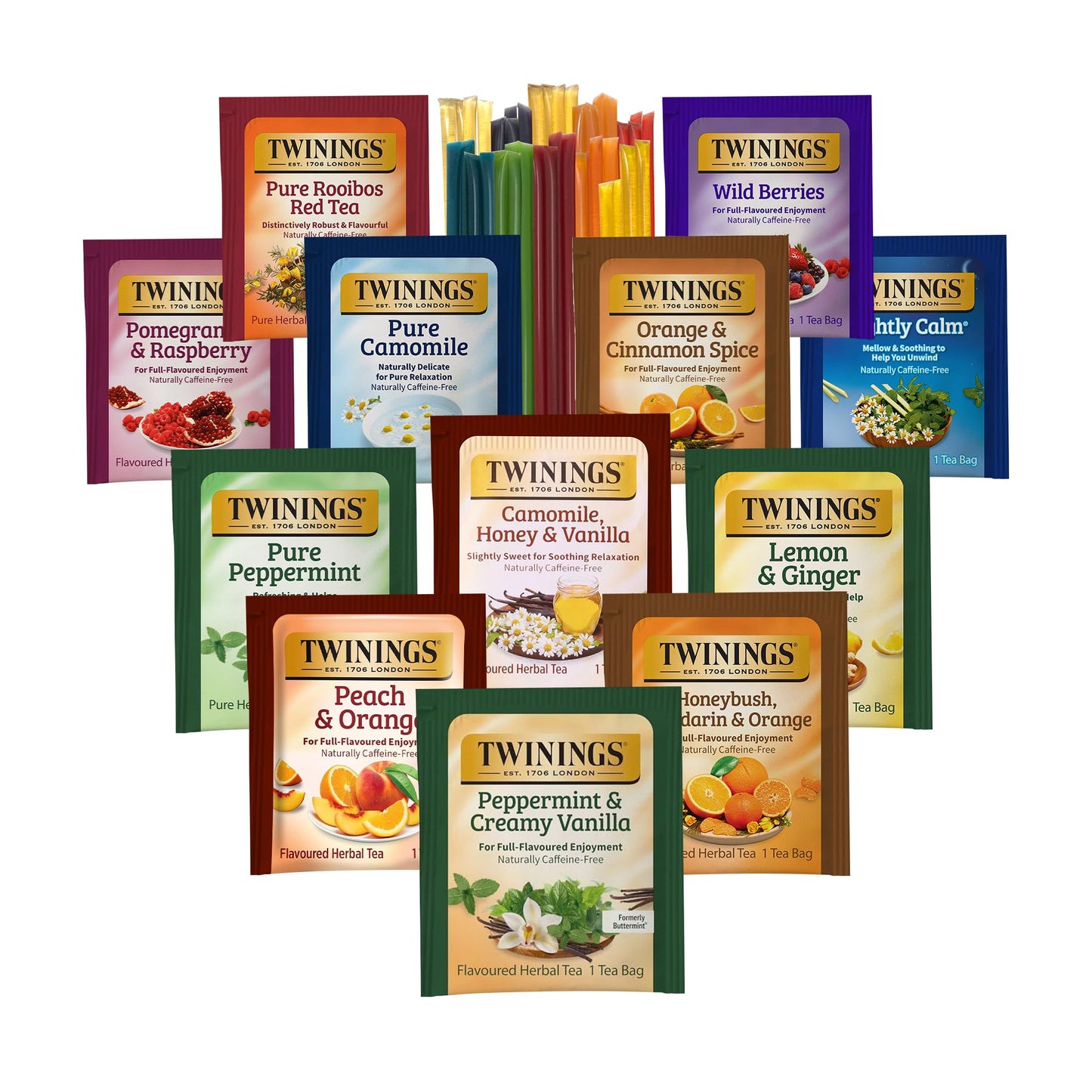 Twinings 48 Tea Bags Herbal Variety Pack, Bundle with 20 Flavored Honey Sticks – 12 Flavors Caffeine-Free Individually Wrapped Teas for Gift Basket, Office, Lobby Refreshments