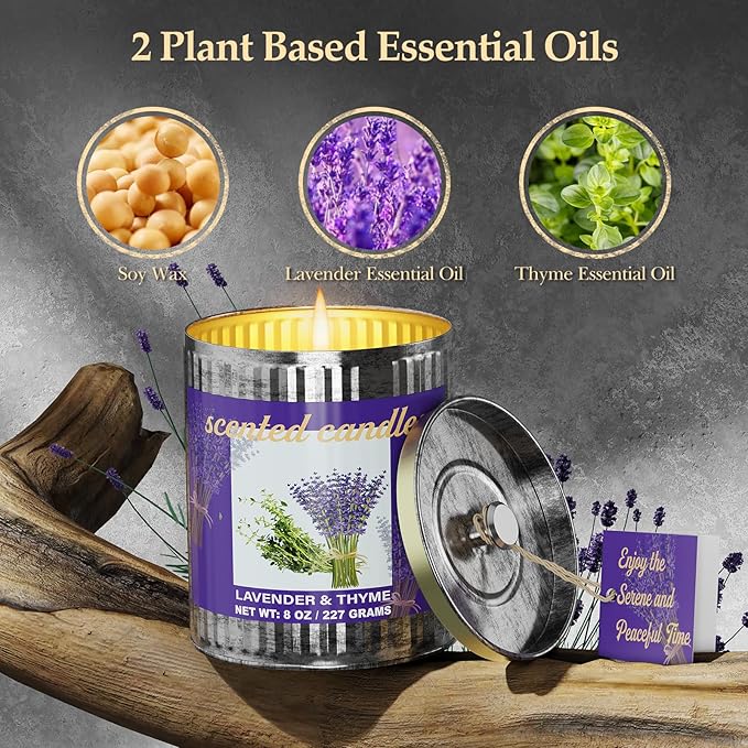 Lavender & Thyme Scented Candles Set | 2-Pack 454g 60H Burn Time,Smokeless Pure Soy Wax | Aromatherapy Tin Jar Candles for Stress Relief & Sleep Aid | Beautiful Gifts for Men and Women/Fathar's Day