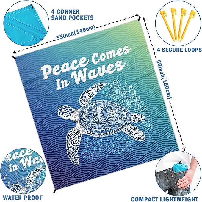 Beach Turtle Pocket Picnic Blankets, Blue Ocean Coastal Mini Beach Camping Blanket Waterproof Sandproof, Rustic Sea RV Outdoor Picnic Blanket Mat Gifts for Camper Campsite Travel 55x60in