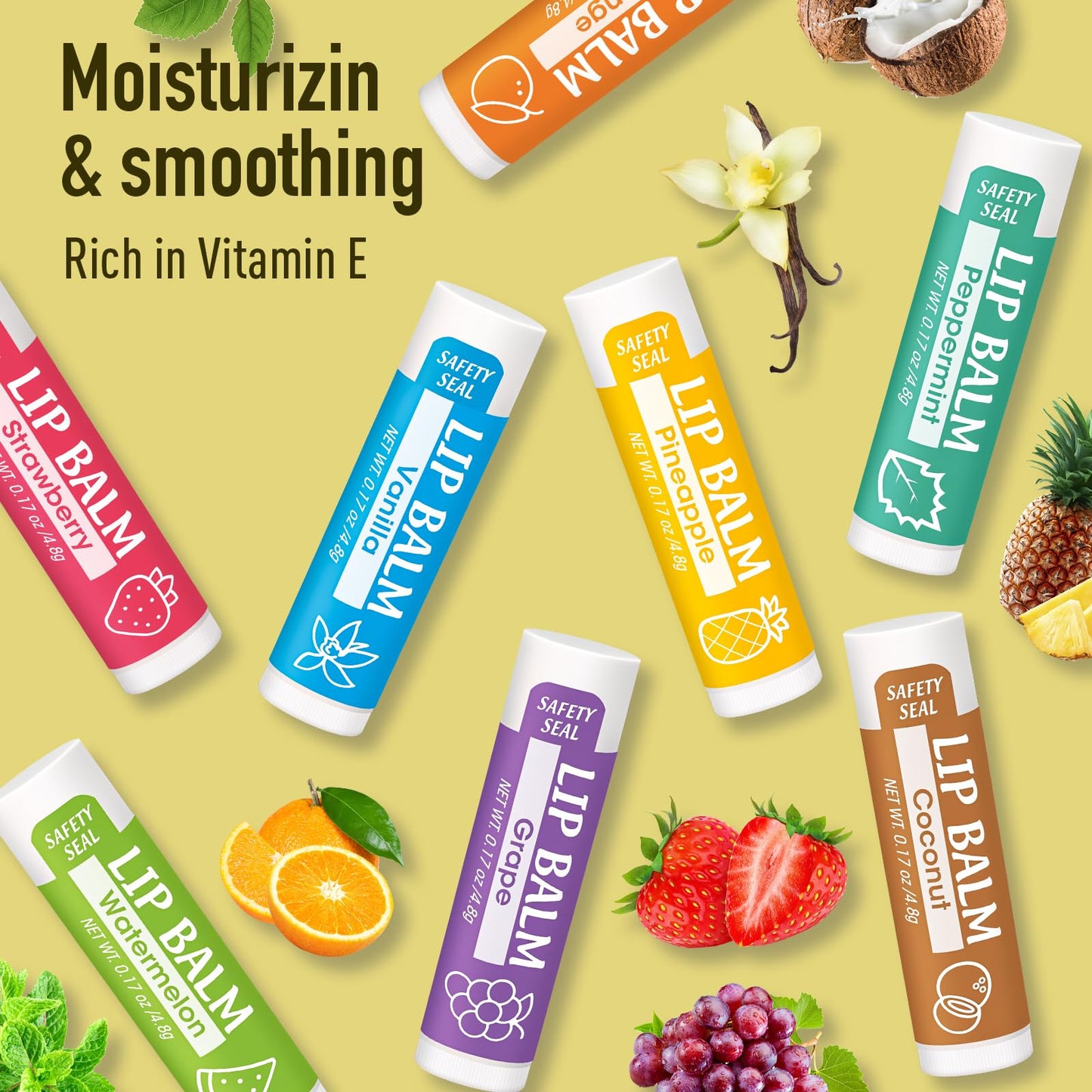 YesBes 32 Pack Lip Balm, Natural Lip Balm Bulk with Vitamin E and Coconut Oil, Moisturizing Lip Balms for Dry Cracked Lips, Lip Balms for Stocking Stuffers - 8 Flavors