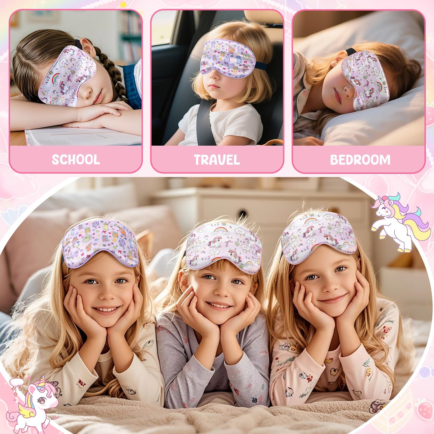 2 Pcs Sleep Mask for Kids Girls, Silk Eye Covers for Sleeping, Adjustable Strap & Light Blocking Design, Children's Bedtime Blindfold for Travel and Home Use (Rainbow Unicorn)