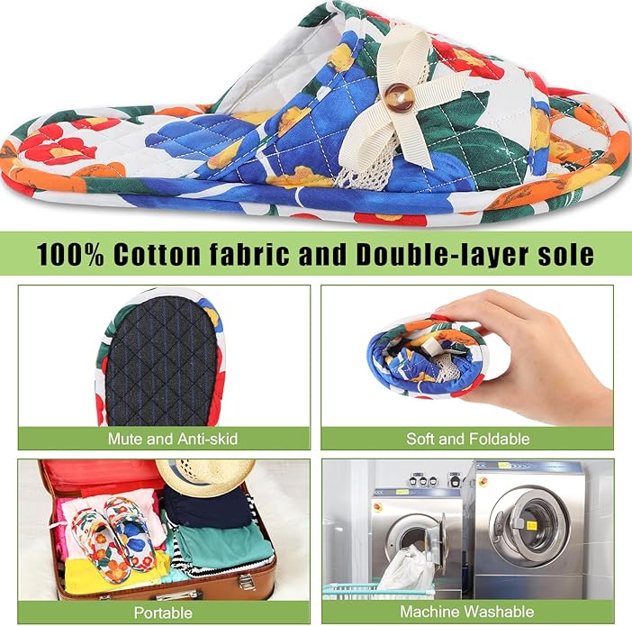 Chuarry 5 Pairs Floral Cotton House Slippers for Women, Soft Open Toe Indoor Spa Slippers for Guests Non Slip Washable Comfortable Portable Shoes for Hotel Travel Bedroom Airplane Party