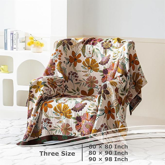 Boho Throw Blanket for Bed 100% Cotton Ultra Soft Rustic Quilt Fall Blanket Floral Printed Farmhouse Decor Bed Blankets,80"×90" All Season Rustic Throw for Sofa Couch Chair