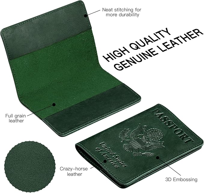 BIAOTIE Premium Leather Passport Holder Covers, Rfid Travel Wallet Passport Document Holder, Travel Essentials Wallet Cover Case for Men and Women (Green)