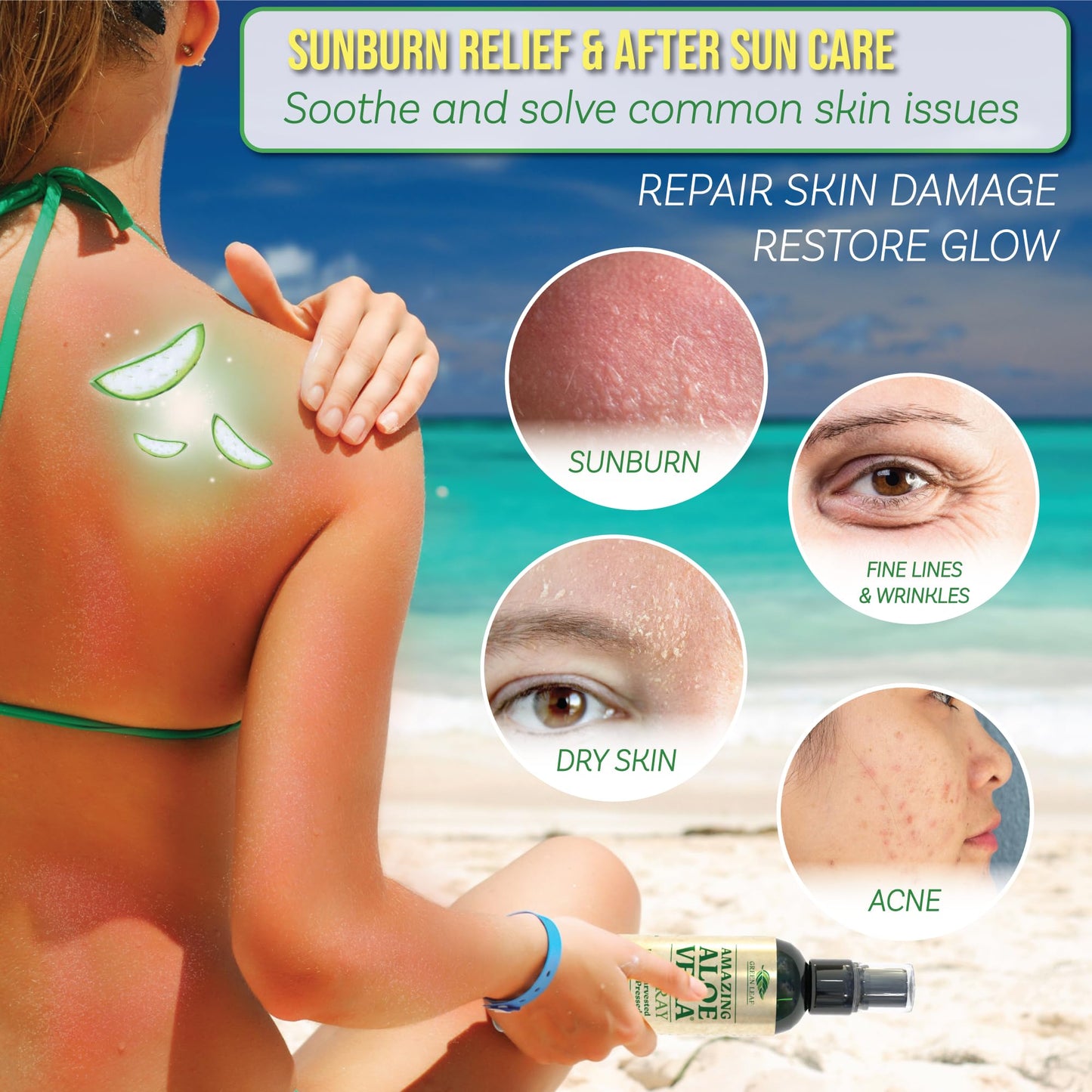 Green Leaf Naturals Aloe Vera Spray | 99% Cold-Pressed Aloe Vera Juice with Vitamin C, E & A | Hair, Skin, Facial Moisturizer, Sunburn Relief & After Sun Lotion 8oz