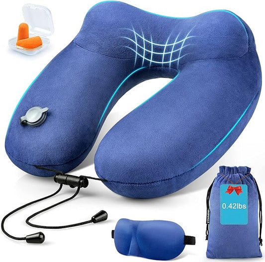 urophylla Inflatable Travel Neck Pillow for Airplanes, Super Soft Velvet Neck Support, Adjustable Firmness, Blow Up Plane Pillow for Long Flights, Road Trips, Travel Essentials with Eye Mask, Earplug