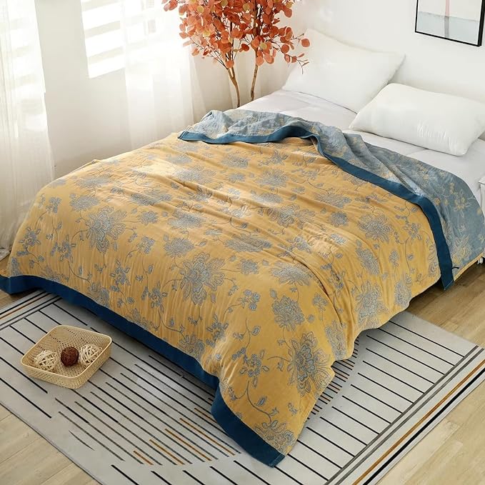 Boho Throw Blanket for Bed 100% Cotton Ultra Soft Rustic Quilt Fall Blanket Floral Printed Farmhouse Decor Bed Blankets,60"×80" All Season Rustic Throw for Sofa Couch Chair