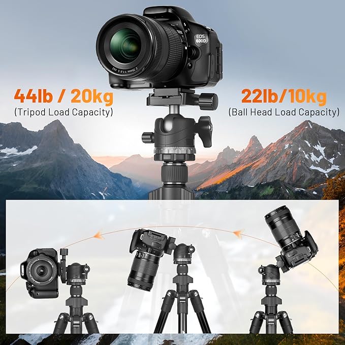 JOILCAN 66" Camera Tripod, Lightweight Travel Tripod with 360° Ball Head & Phone Holder, 22lbs Max Load for DSLR, Camera, Phone, Video & Photography (Grey)