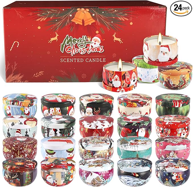 24 Packs Christmas Scented Candles Gift- Aromatherapy Candle-2.5oz Soy Wax-Long Lasting Burn time, Christmas Thanksgiving Gifts, Home Decor