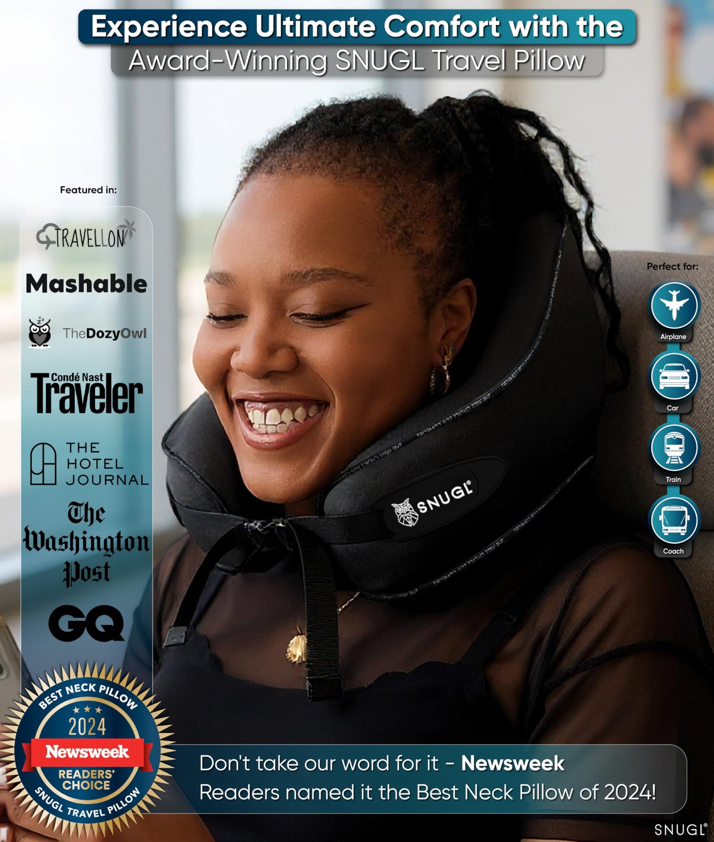 SNUGL Travel Pillow – Memory Foam Pillows - Airplane Neck Pillow with Carry Bag & Clip – Neck Support Travel Pillows - Airplane Essentials (Adult Regular - Black)