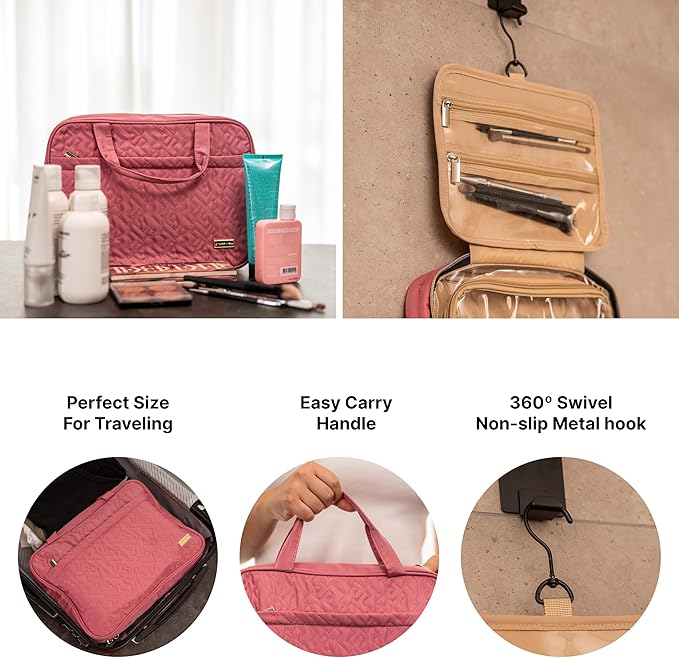 Carrywell |Not Made In China| Hanging Toiletry Travel Bag For Women, Makeup Organizer Case, Water-Resistant Cosmetic Bag For Full-size Containers, Toiletries (Rosewood Pink, Medium)