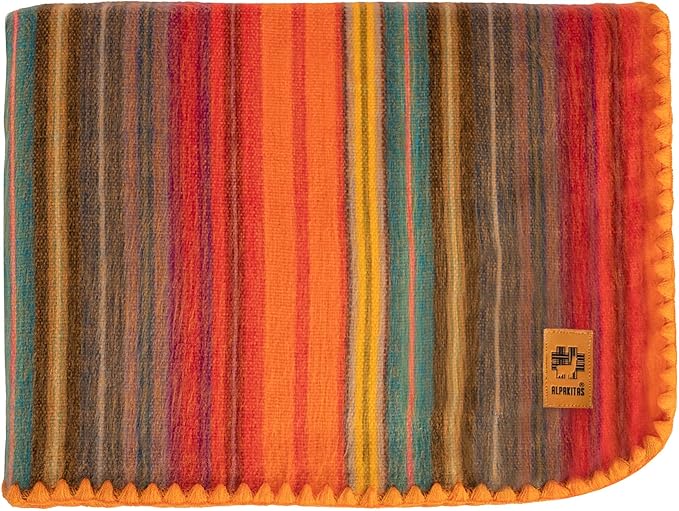 Alpaca Wool Blanket - Twin Size Throw & Warm, Lightweight, Couch or Camp - Outdoor - 75 x 38 Inches (Orange)