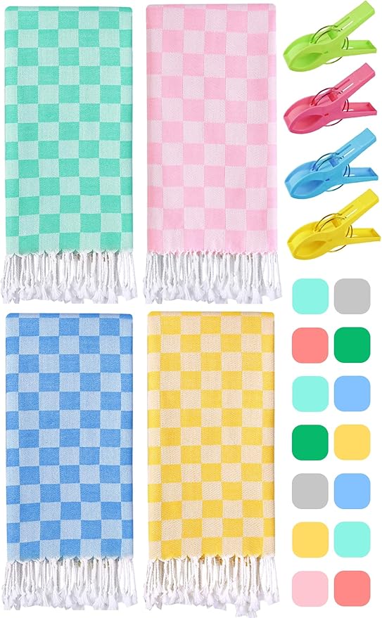 4 Packs Turkish Beach Towel Blanket Pool Towels Travel Sand Proof Thin Absorbent Packable Sandless Sandproof Light Weight Repellent Boho not Microfiber Thick Terry Clip Band Personalized Custom