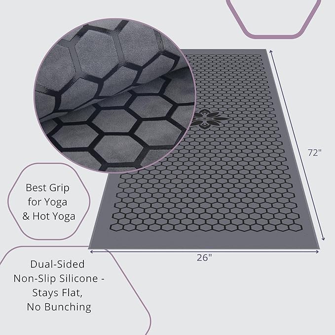 Clever Yoga Non-Slip Hot Yoga Towel – Non-Slip Grip for Hot Yoga, Sweat Absorbent, Honeycomb Silicone Grip, Stays Flat – Ideal for Pilates, Travel, Washable & Lightweight - Gray