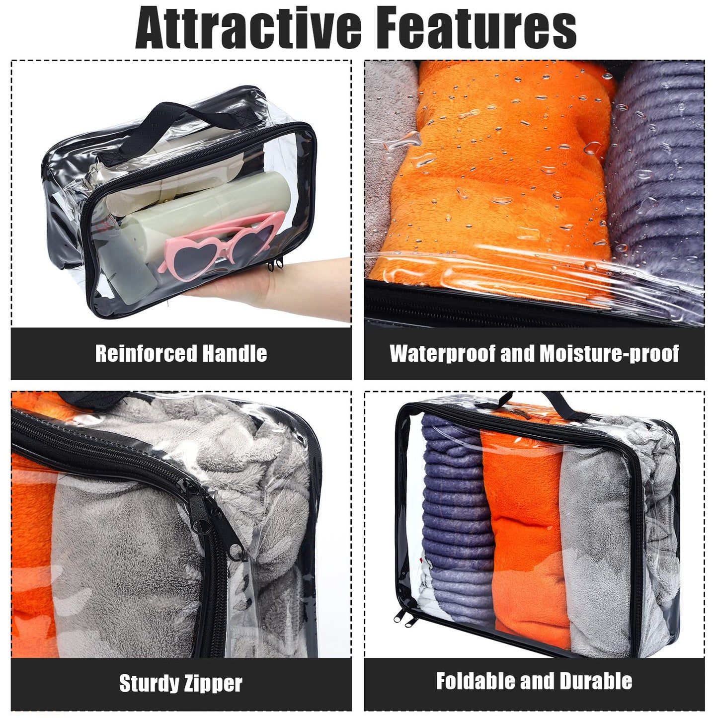 Hillban 6 Pcs Black Large Clear Travel Packing Cube 3 Sizes See Through PVC Organizer for Suitcase Multipurpose Pouch with Handle Vinyl Zippered Storage Bags Luggage Cube Organizer