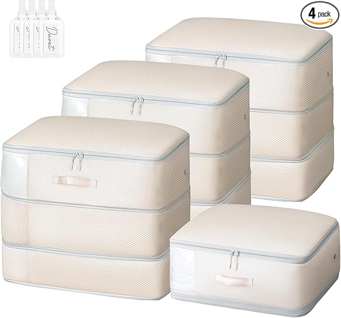 Comforter Storage Bag - Large Capacity Blanket Storage Bags 3-Layer Ultra Space Saving Self Compression Organizer, Washable Compression Bags for Storage Comforter Blanket, 4-Pack, Beige