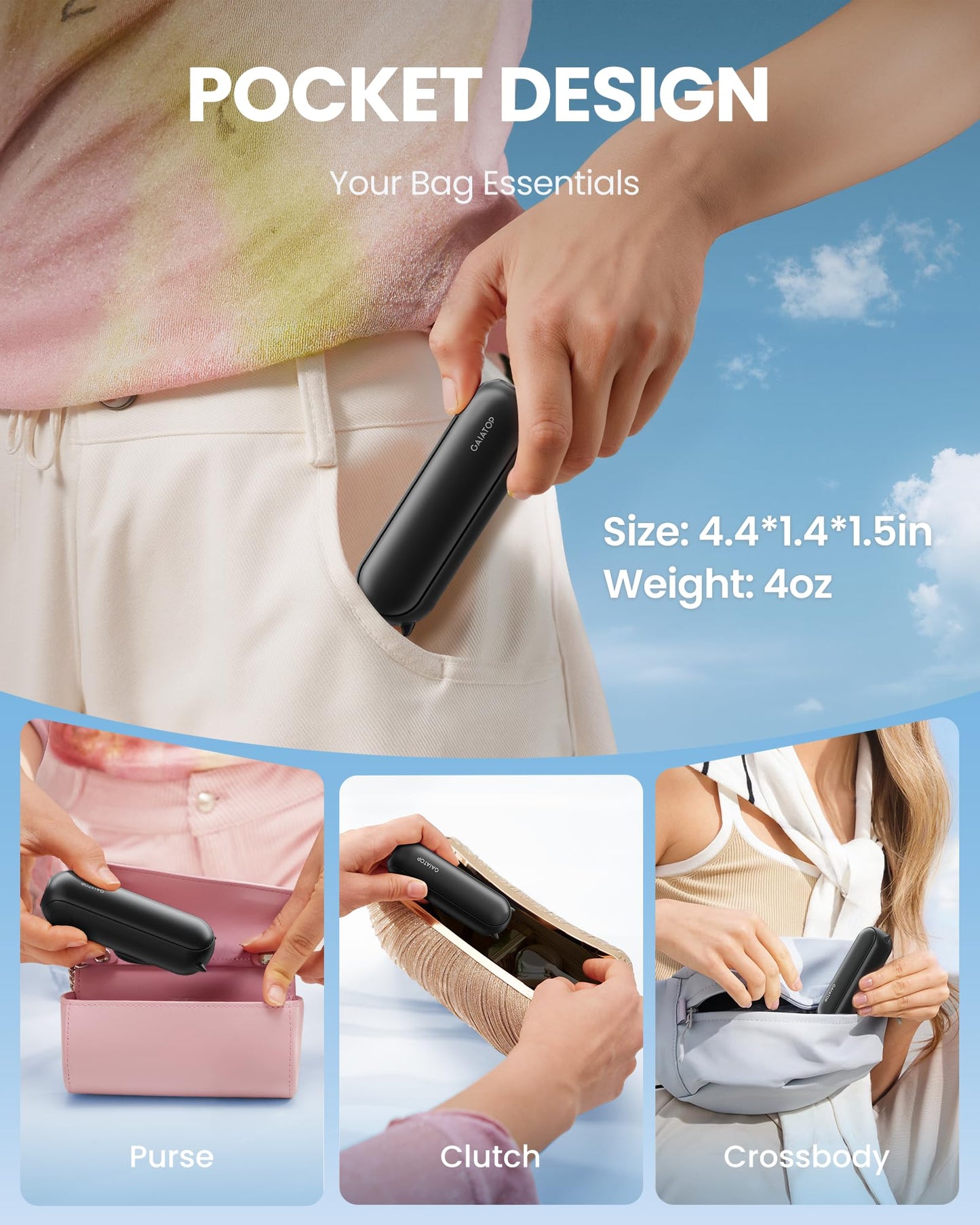 GAIATOP Portable Handheld Fan, 3 IN 1 Mini Foldable Travel Fans [17H Max Cooling Time] with Power Bank, Pocket Design USB Rechargeable for Travel Concert Lash Makeup, Summer Gifts for Women Girl Black