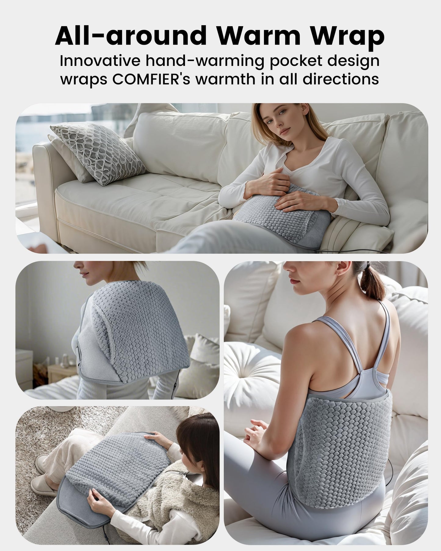 COMFIER Heating Pad with Massager for Back Pain,Extra Large Size Heating Pads for Cramps,Auto Shut Off,Wired Heated Waist Belt with 3 Vibration Modes,Gifts for Women Men,Grey