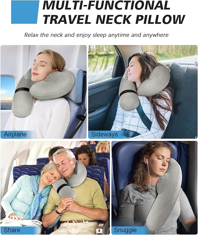 Travel Neck Pillow for Airplane, Travel Pillow Support Head and Neck, Comfortable & Washable Cover, Inflatable Neck Pillow for Traveling,Car,Office,Home (Grey)