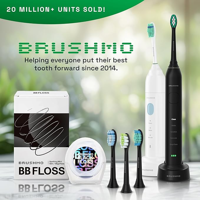 Brushmo Super Sonic Electric Toothbrush with 4 Replacement Heads - Rechargeable Electronic Tooth Brush for Adults with 5 Customizable Modes - IPX7 Waterproof & Long-Lasting Battery - Black