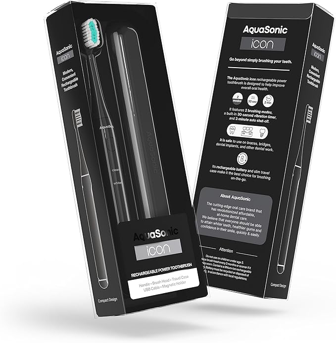 Aquasonic Icon ADA-Accepted Rechargeable Toothbrush | Magnetic Holder & Slim Travel Case | 2 Brushing Modes & Smart Timers | Gentle Micro-Vibrations(Onyx)