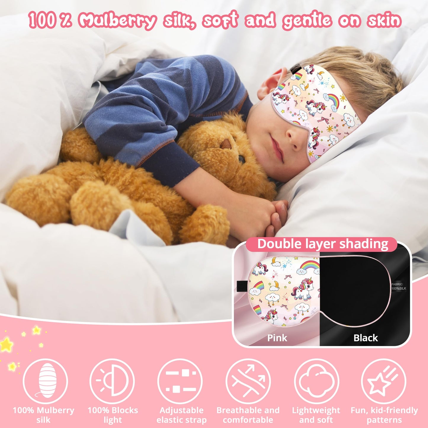 Kids Sleep Mask Eye Cover: 100% Real Natural Pure Silk Eye Mask with Adjustable Strap, Funny Blindfold Kids Eye Mask for Sleeping, Soft & Lightweight Eye Shade for Boys Girls Teens (Horse Style)