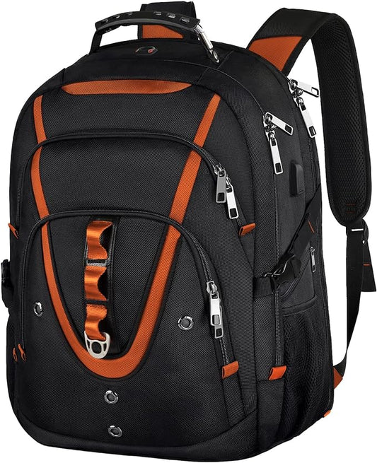 18.4 Laptop Backpack Women Men, 55L-60L Flight Approved Extra Large Travel Backpack RFID Anti Theft and TSA Friendly Backpack, Water Resistant College School Heavy Duty With USB Charging Port, Orange