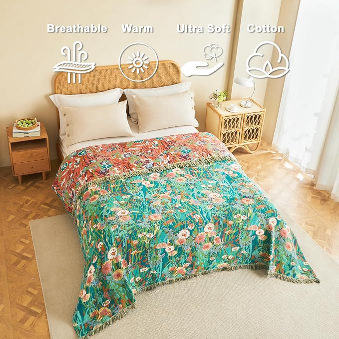 Boho Throw Blanket for Couch Sofa Chair Cotton Blankets for Bedroom Living Room All Season Soft Lightweight Reversible Floral Embroidery Throws 50"x60"