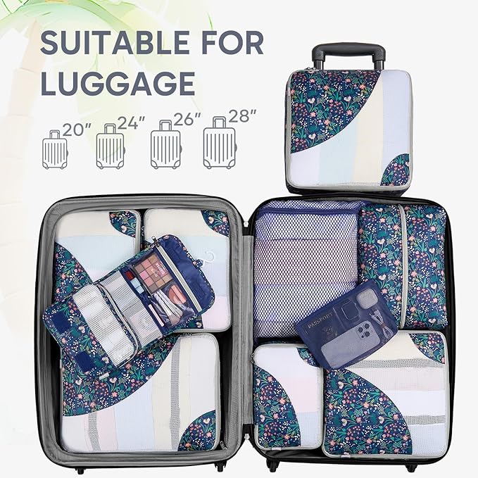 ALL INCLUDED 10 Set Durable Packing Cubes for Suitcases,OlarHike Essentials for Travel,UPGRADED Anti-Tear Stitching, NEW Improved Luggage Packing Organizers for Travel Accessories (Dark Blue Floral)