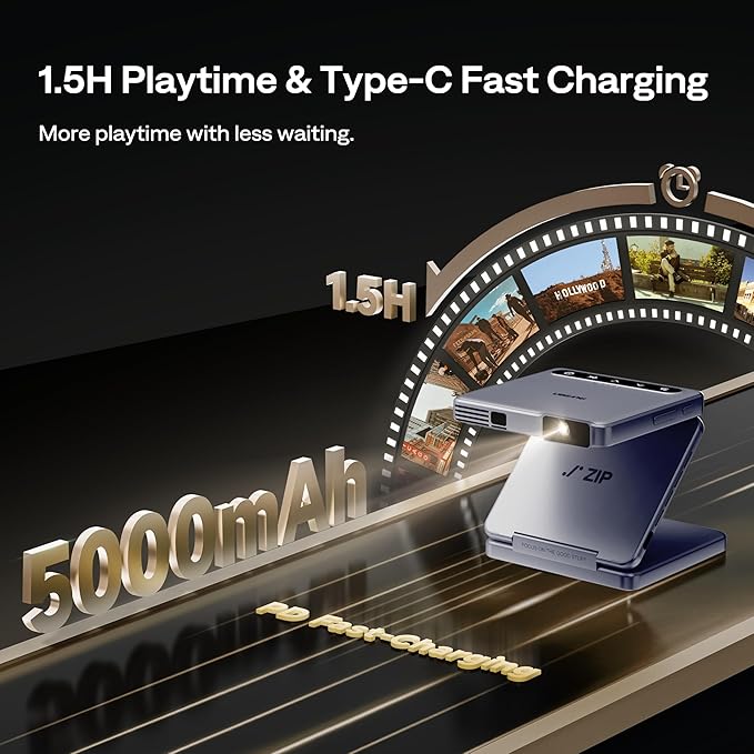 Aurzen ZIP Tri-Fold DLP Ultra-Portable Mini Projector with Bluetooth 5.4, Screen Mirroring, 1.5H Playtime, Type-C Fast Charging, Zero-Lag Focus&Keystone, Compatible with Phone/Tablet/PC, Blue