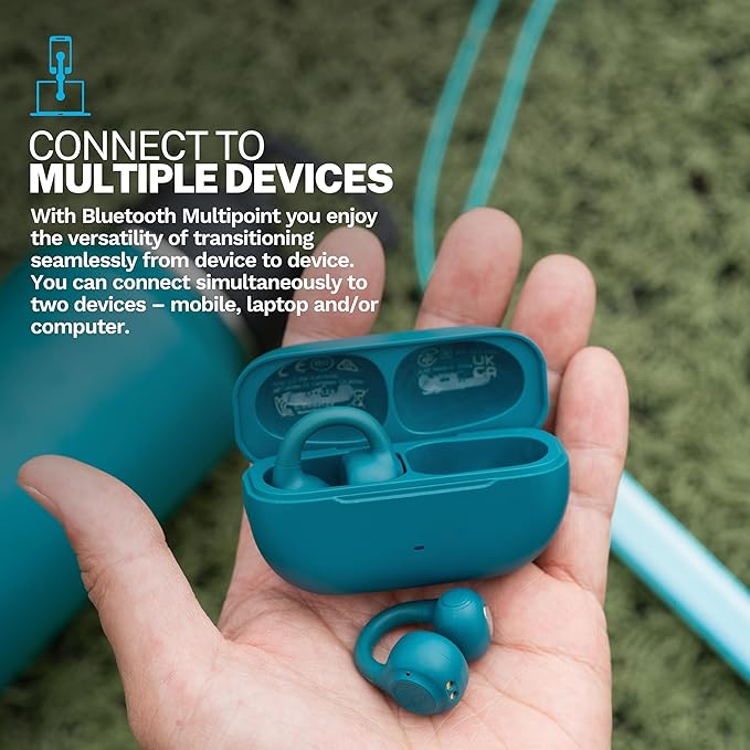 JLab Flex Open Earbuds, Clip-on Cuff Design, Wireless Open-Ear Audio Freedom Effortless Fit, Safe Listening, Bluetooth Multipoint, Customize with The App, Teal
