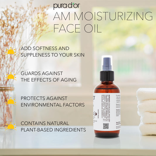PURA D'OR 3.3 Oz ORGANIC AM Moisturizing Face Oil - Morning Glow Hydrating Skincare -Lightweight Moisturizer for Glowing Skin - All Natural, Vegan, Paraben-Free - Women & Men